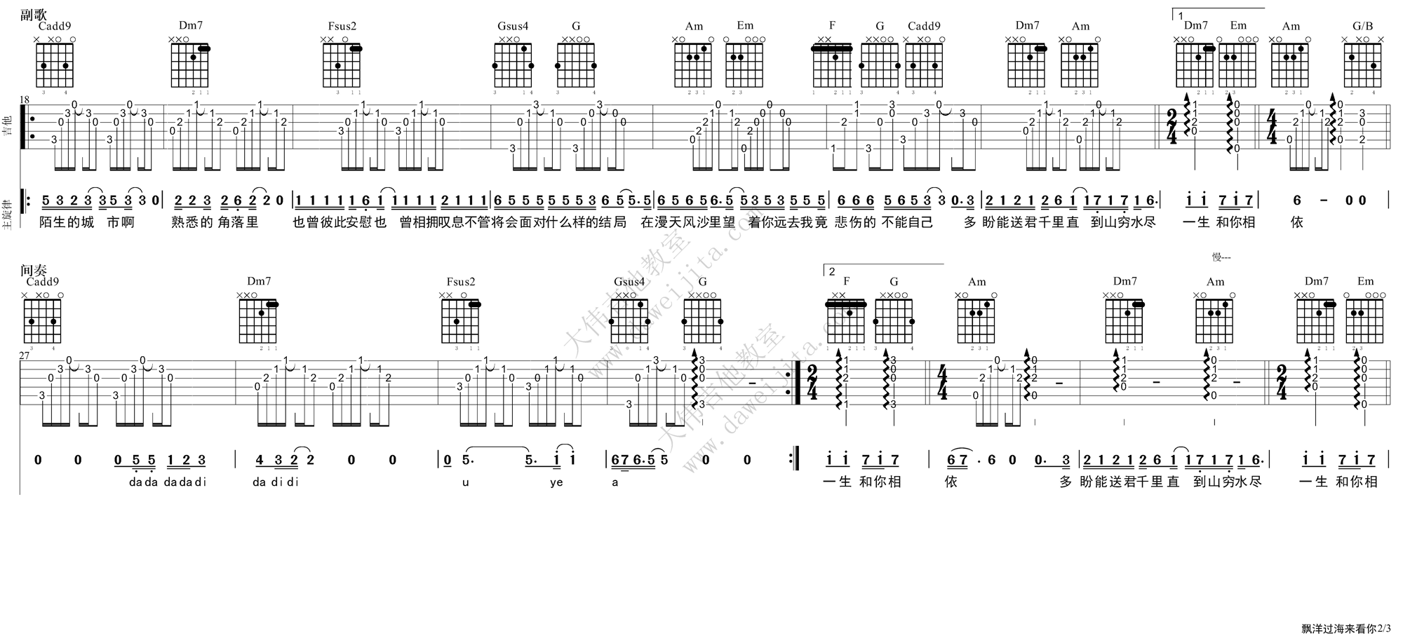 2大伟C调版 刘明湘《漂洋过海来看你》吉他弹唱六线谱