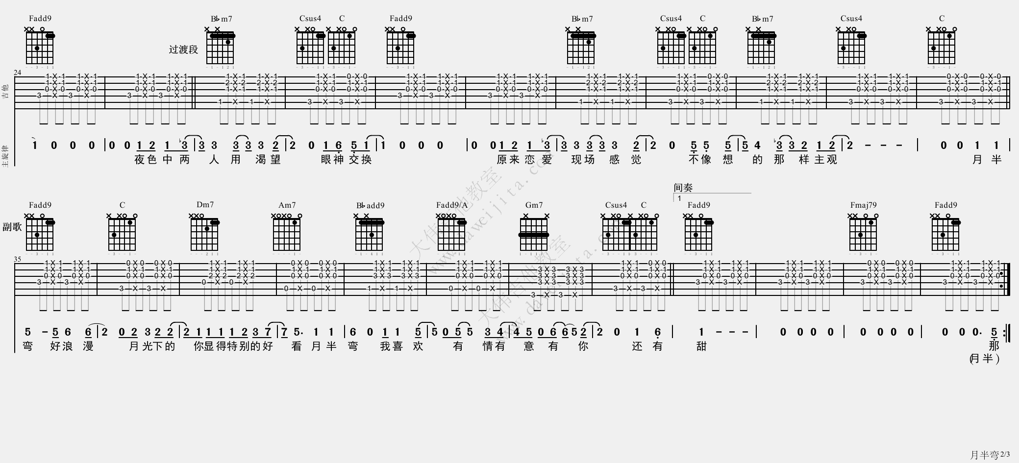 2大伟F调版 陈坤《月半弯》吉他弹唱六线谱