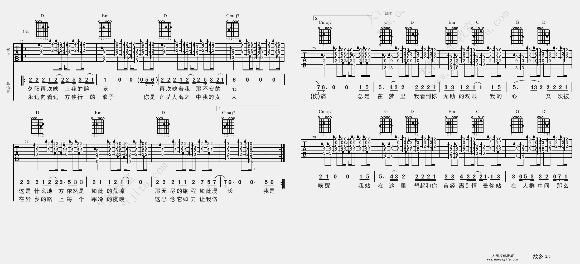 2大伟bB调版 许巍《故乡》吉他弹唱六线谱