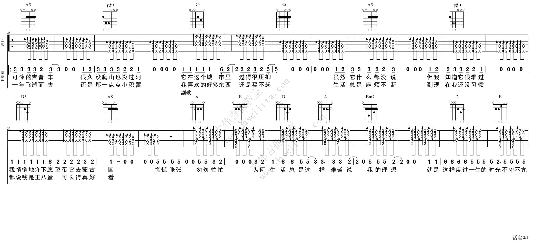 2大伟A调版 郝云《活着》吉他弹唱六线谱