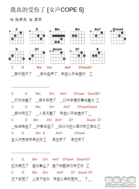 张学友《我真的受伤了》吉他和弦弹唱谱