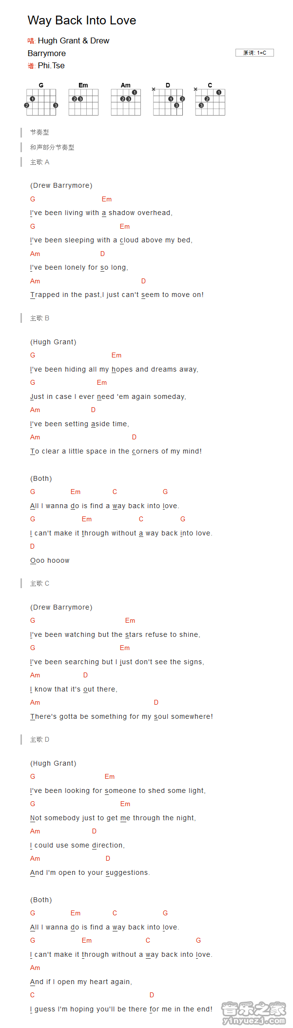 C调版 《Way Back Into Love》吉他和弦弹唱谱