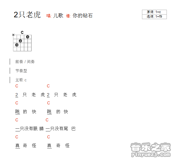 C调版 儿歌《2只老虎》吉他和弦弹唱谱