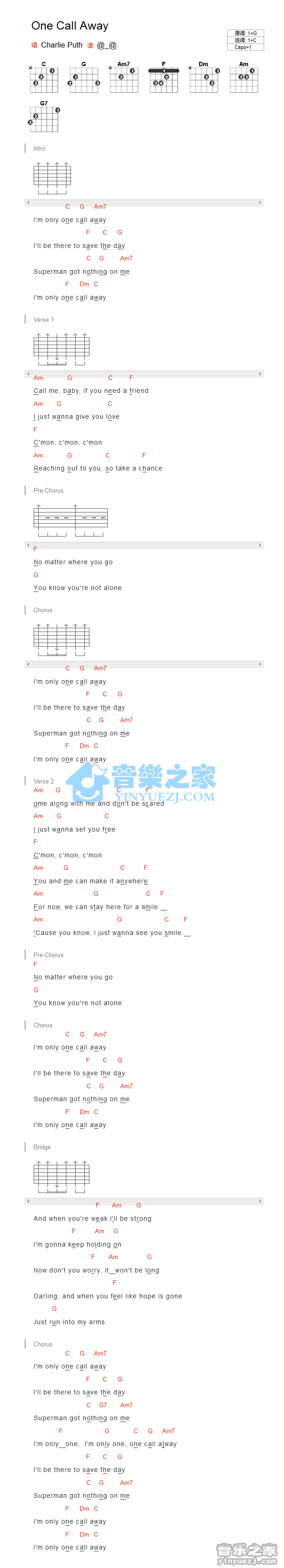 C调版 Charlie Puth《One Call Way》吉他和弦弹唱谱
