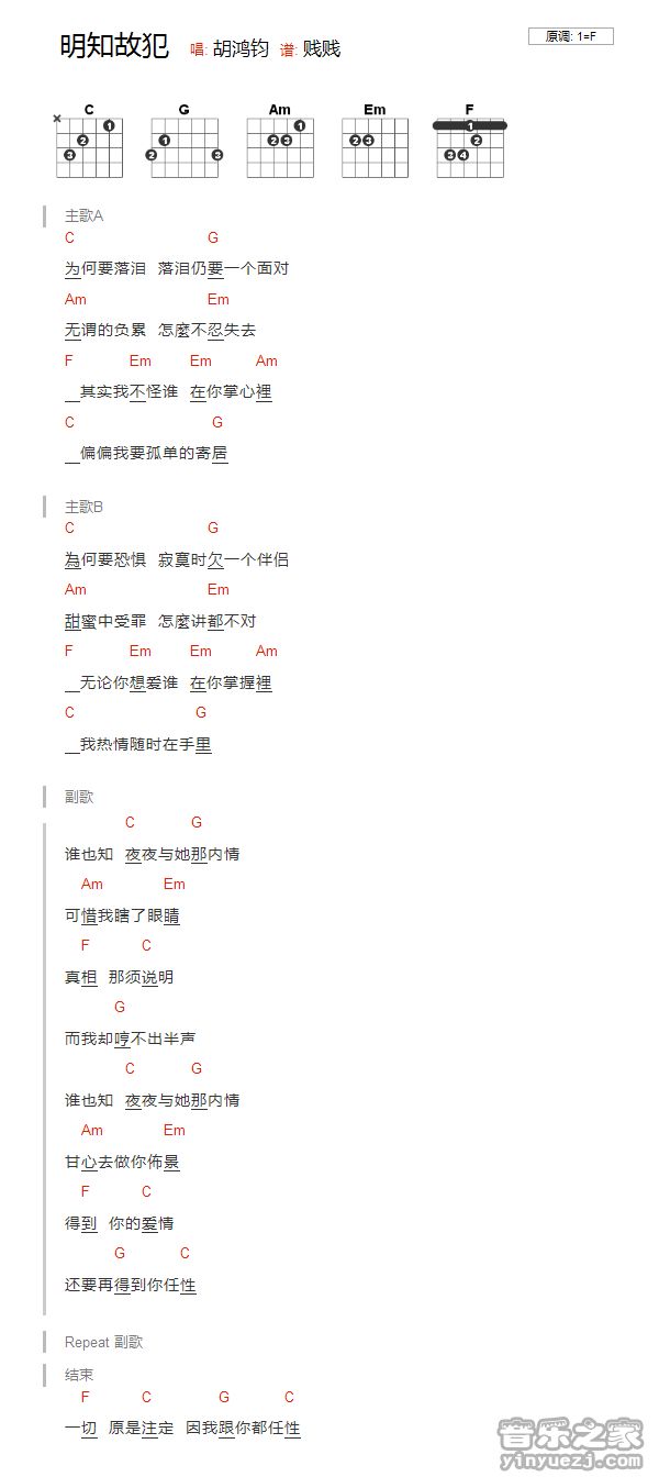F调版 胡鸿钧《名字故犯》吉他和弦弹唱谱