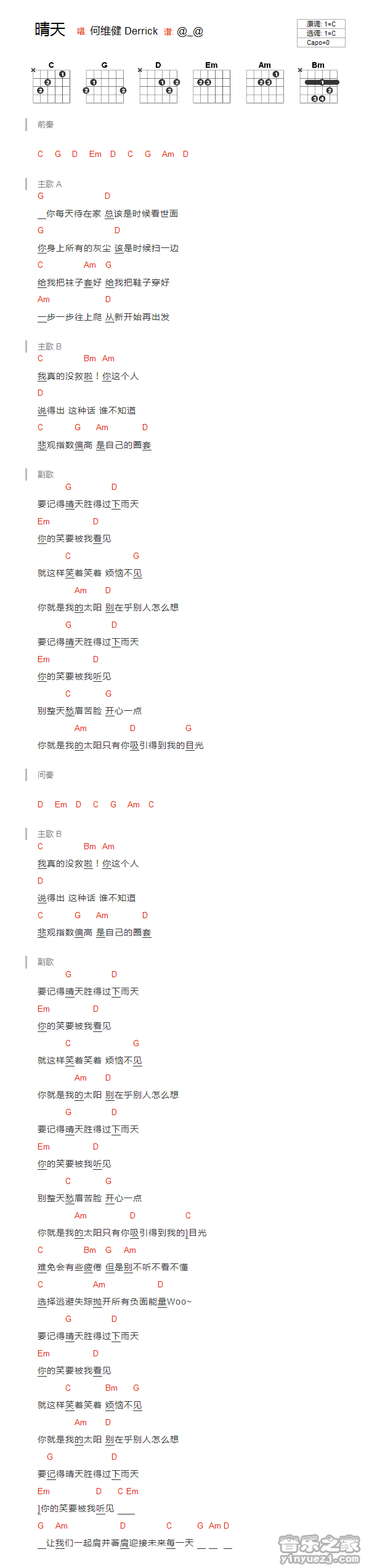 C调版 何维健《晴天》吉他和弦弹唱谱