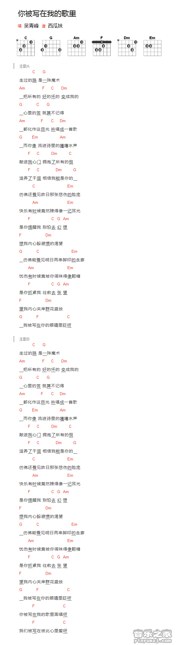 吴青峰《你被写在我歌里》吉他和弦弹唱谱