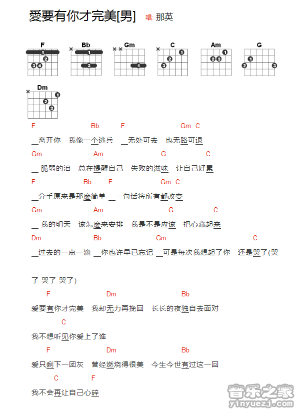 那英《爱要有你才完美》吉他和弦弹唱谱