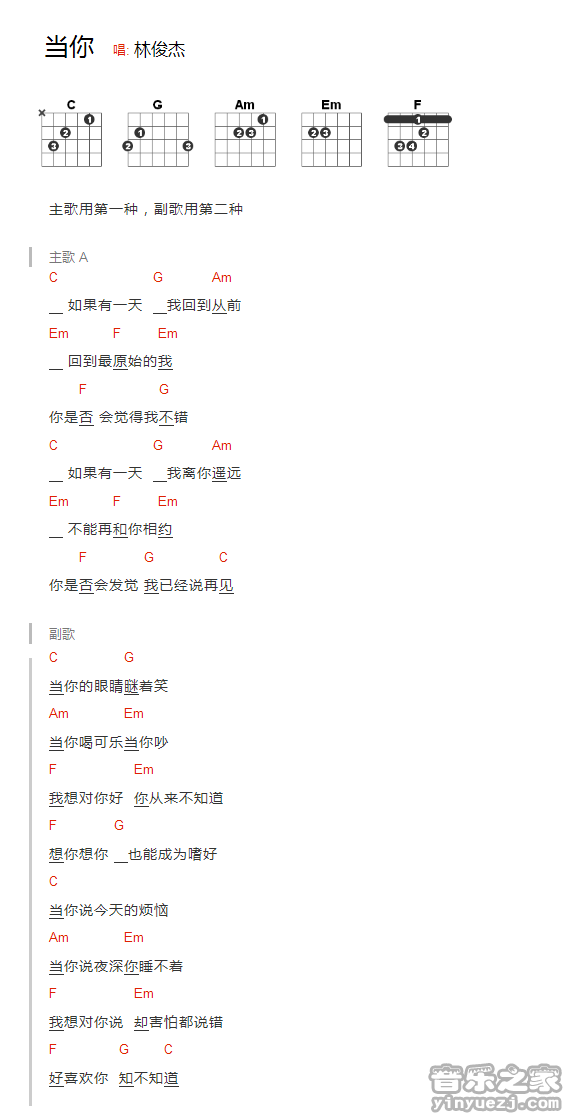 林俊杰《当你》吉他和弦弹唱谱