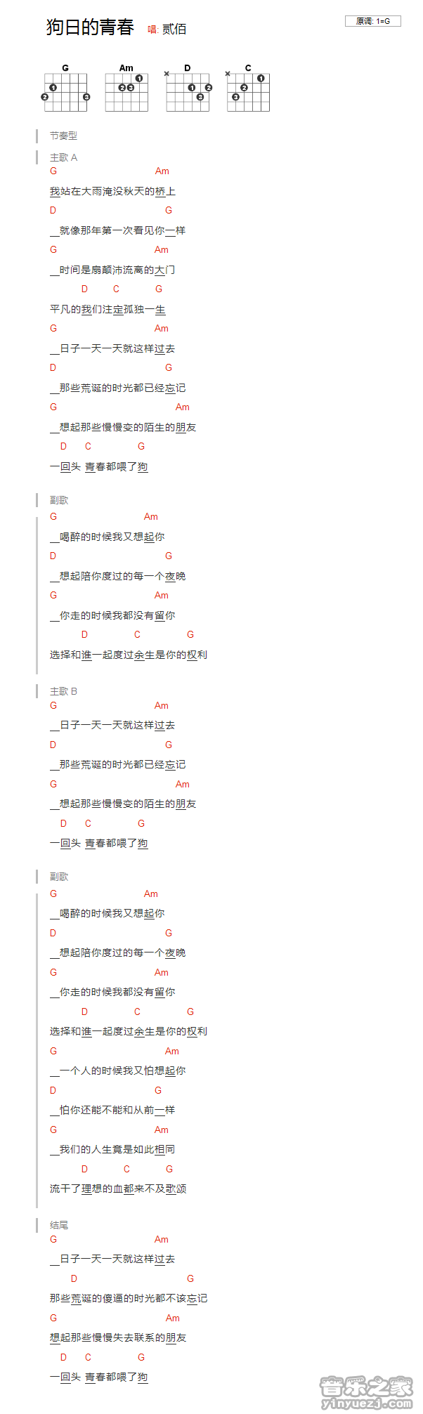 G调版 贰佰《狗日的青春》吉他和弦弹唱谱