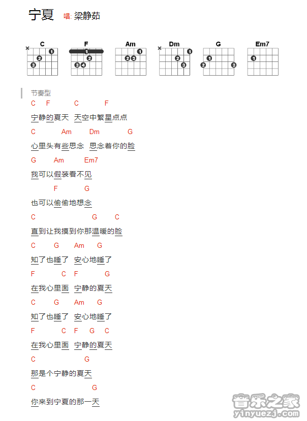 梁静茹《宁夏》吉他和弦弹唱谱