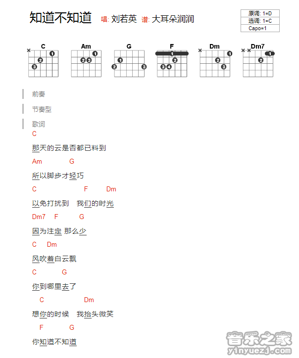 C调版 刘若英《知道不知道》吉他和弦弹唱谱txt