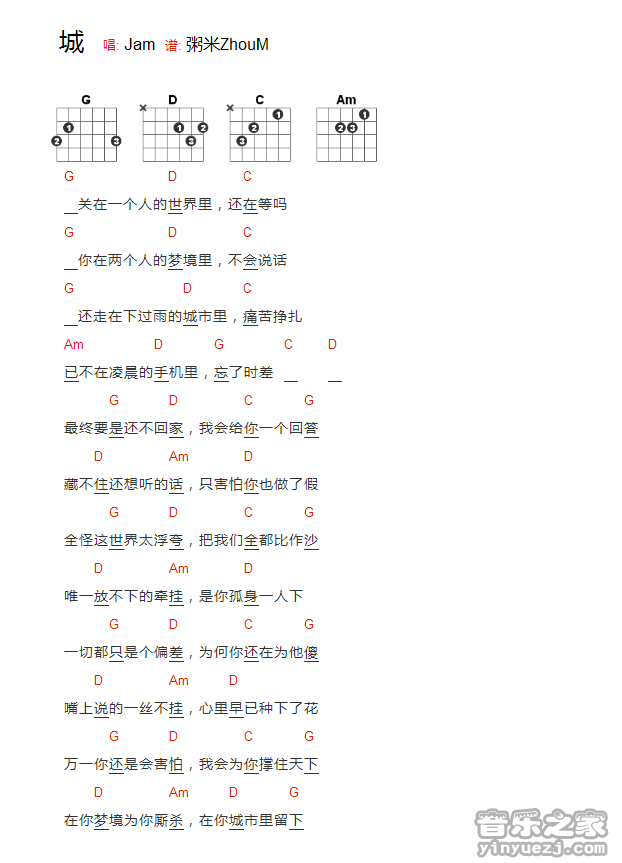 Jam《城》吉他和弦弹唱谱