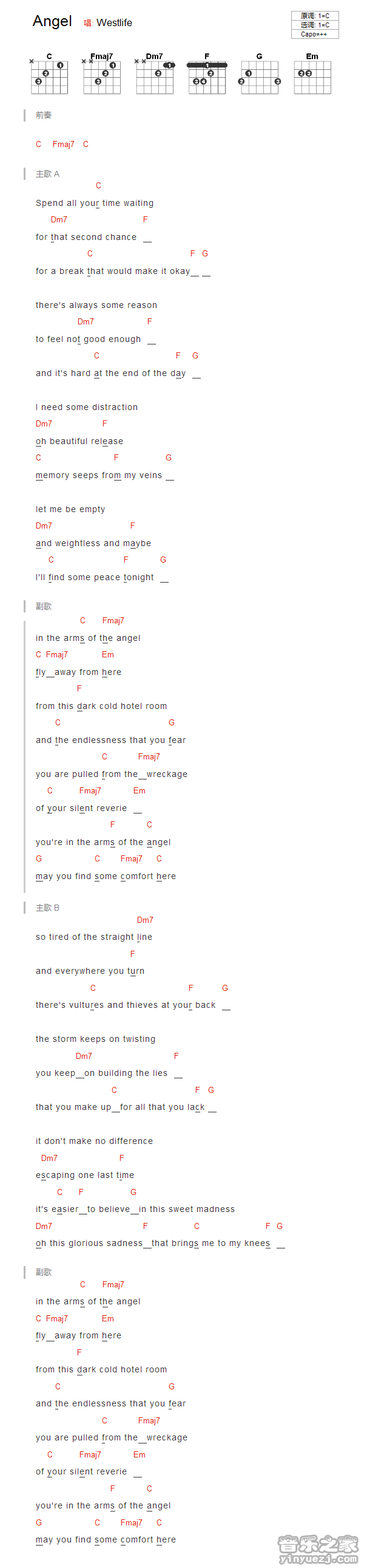 C调版 Westlife《Anglle》吉他和弦弹唱谱