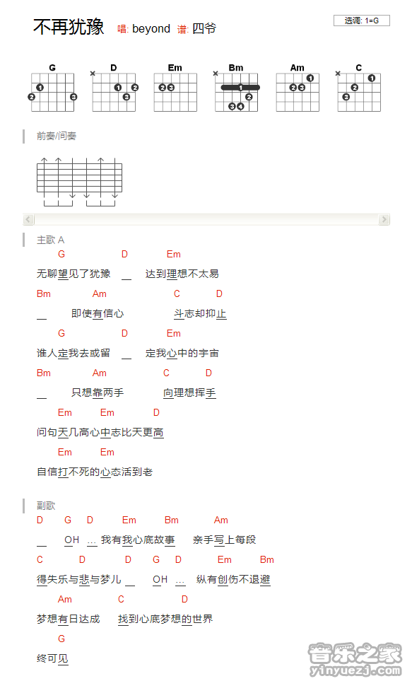 G调版 Beyond《不再犹豫》吉他和弦弹唱谱