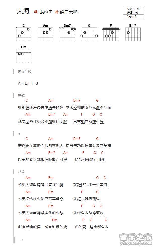 C调版 张雨生《大海》吉他和弦弹唱谱