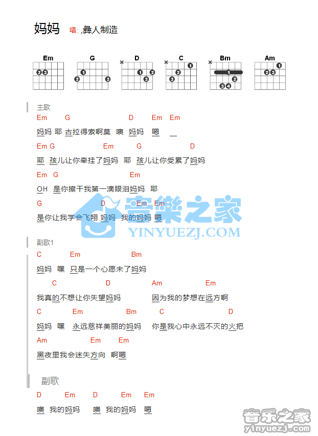 彝人制造《妈妈》吉他和弦弹唱谱