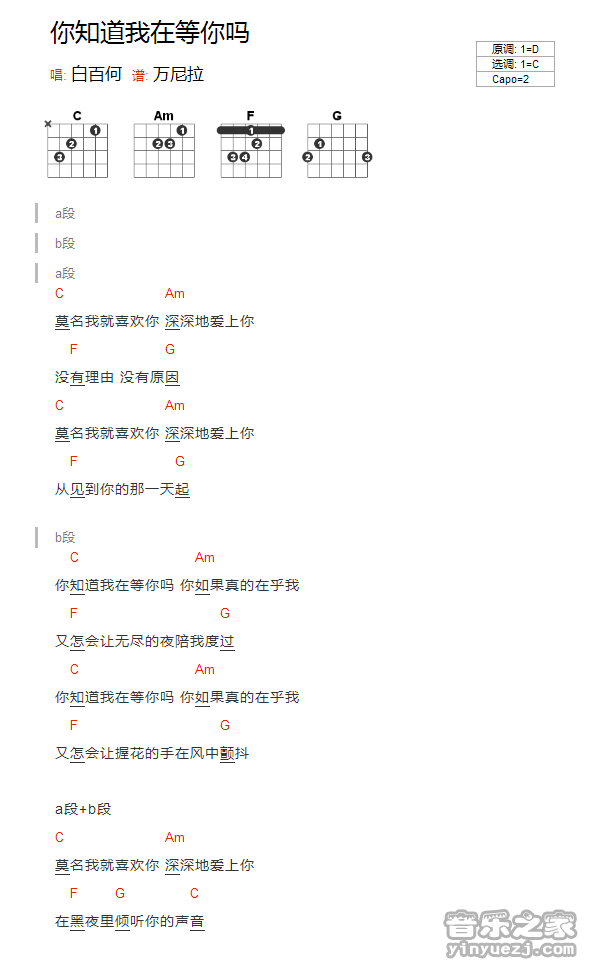 C调版 白百何《你知道我在等你吗》吉他和弦弹唱谱