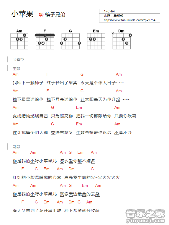 C调版 筷子兄弟《小苹果》吉他和弦弹唱谱