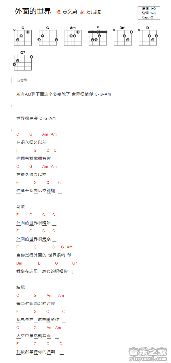 C调版 莫文蔚《外面的世界》吉他和弦弹唱谱