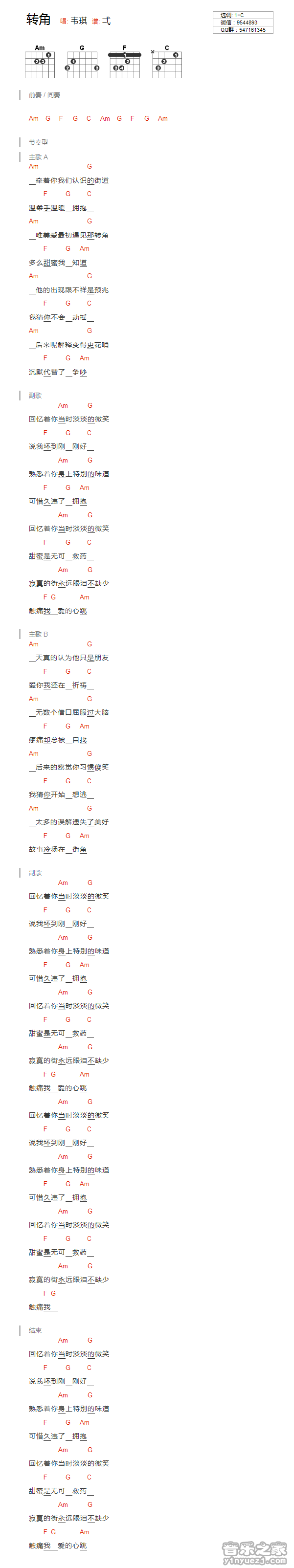 C调版 韦琪《转角》吉他和弦弹唱谱