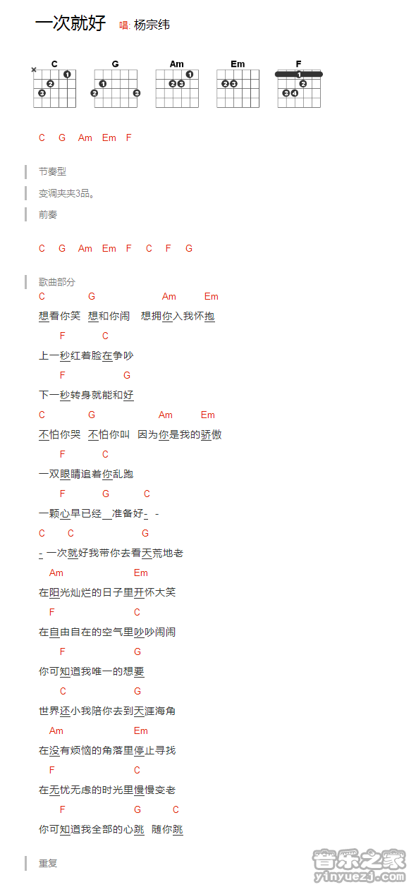 杨宗纬《一次就好》吉他和弦弹唱谱