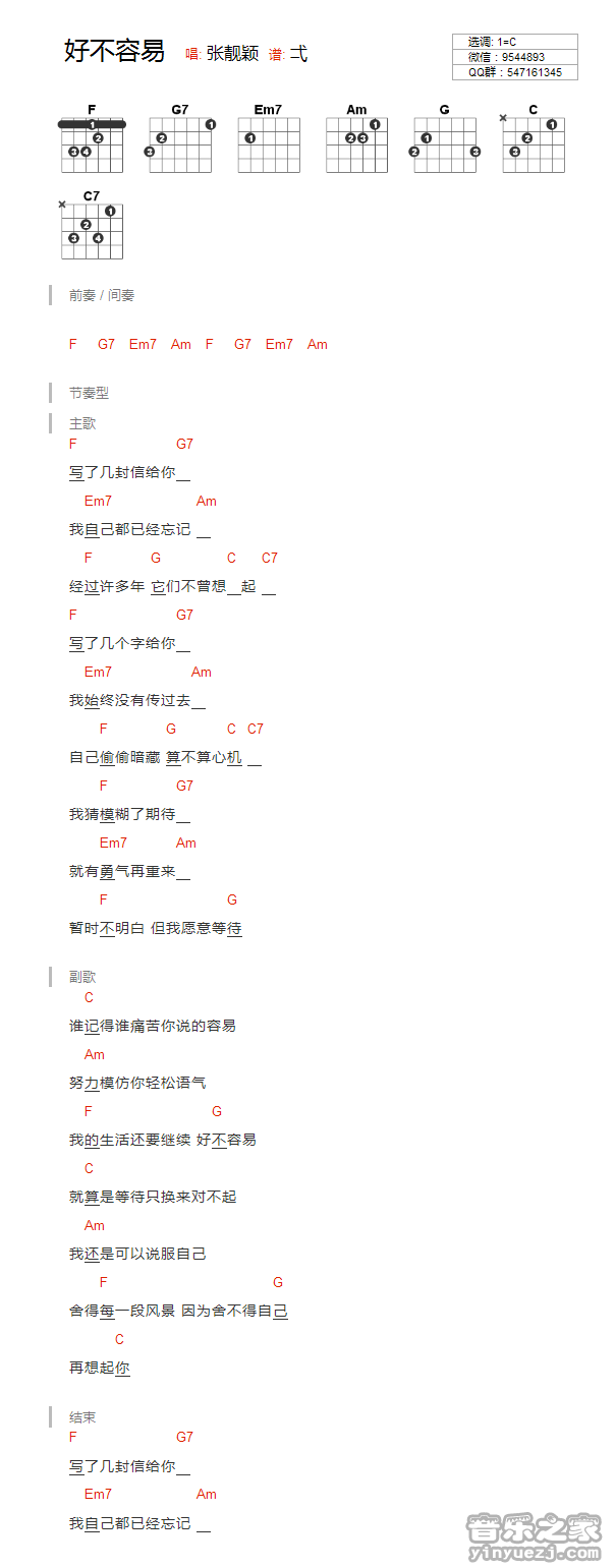 C调版 张靓颖《好不容易》吉他和弦弹唱谱