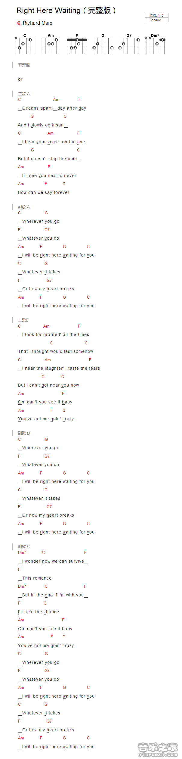 C调版 《Right Here Waiting》吉他和弦弹唱谱