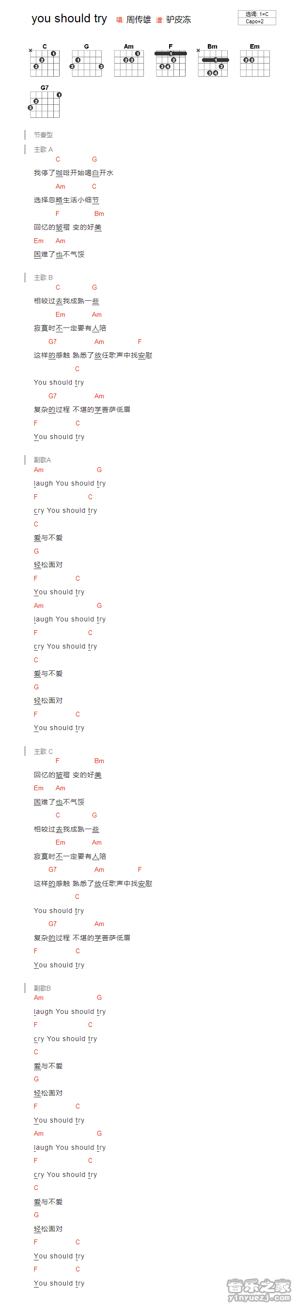 C调版 周传雄《you should try》吉他和弦弹唱谱