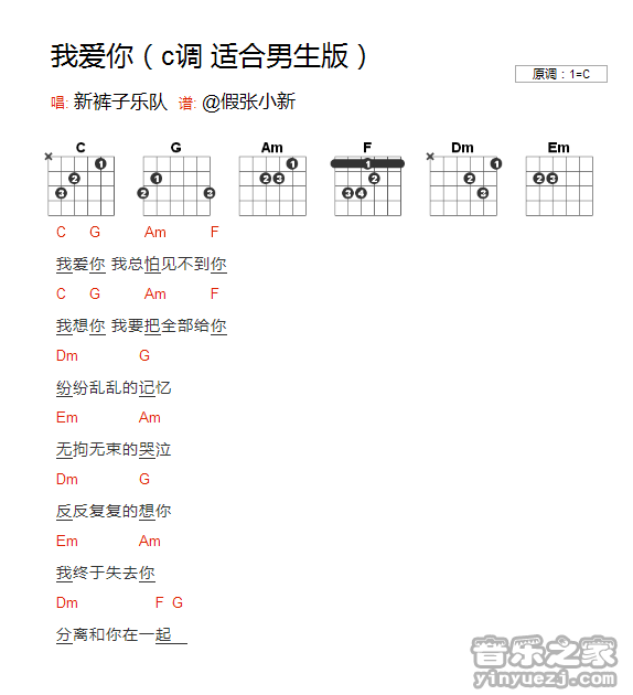 C调版 新裤子《我爱你》吉他和弦弹唱谱