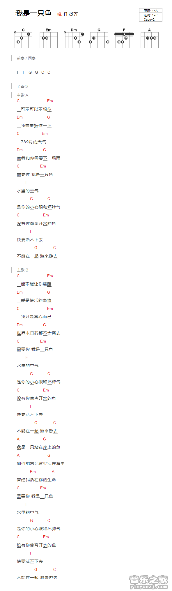 C调版 任贤齐《我是一只鱼》吉他和弦弹唱谱