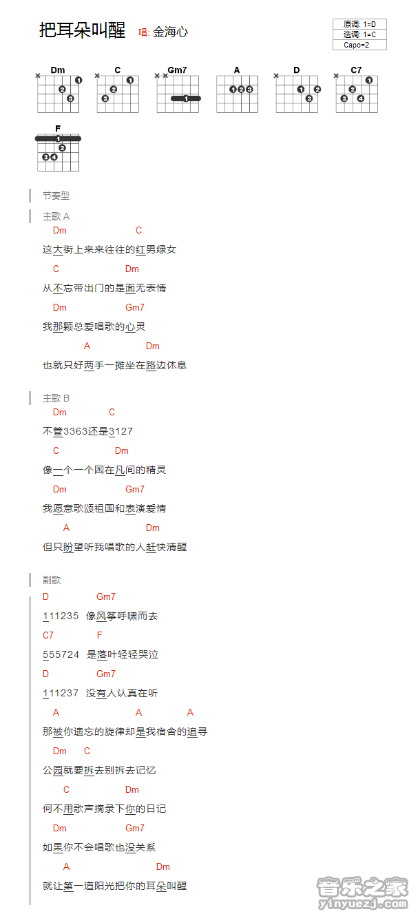 C调版 金海心《把耳朵叫醒》吉他和弦弹唱谱