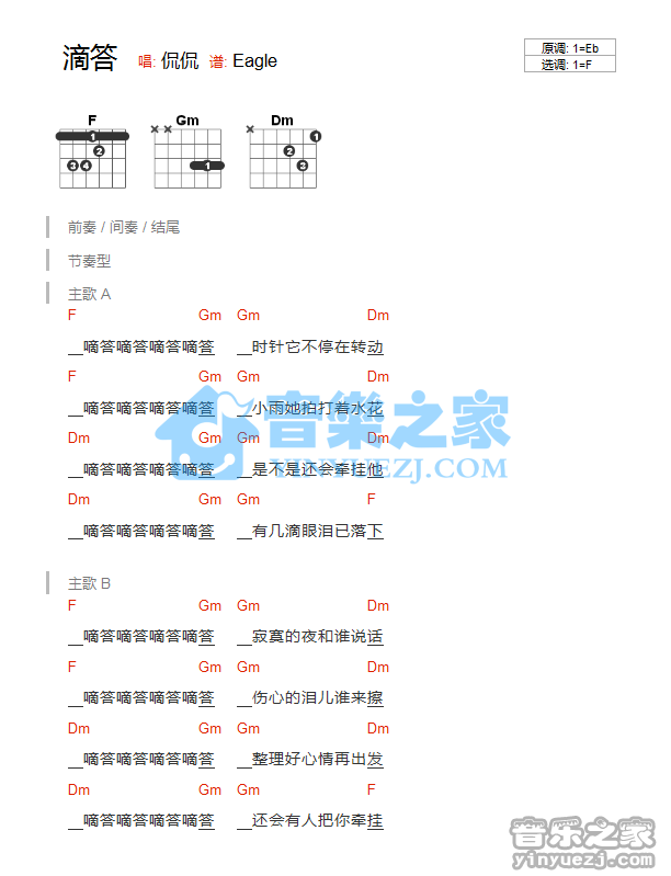 F调版 侃侃《滴答》吉他和弦弹唱谱