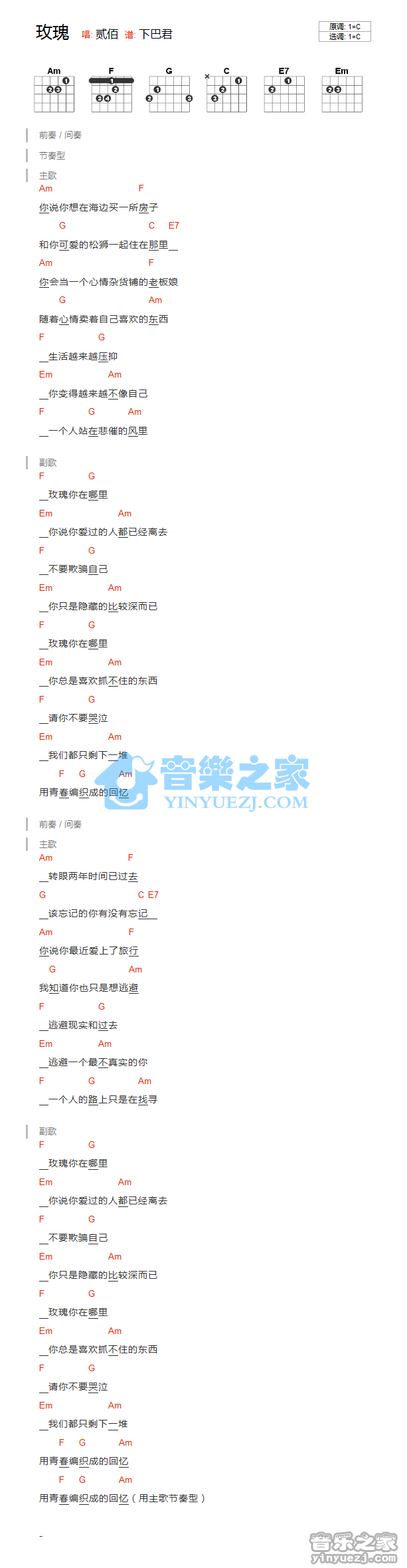 C调版 贰佰《玫瑰》吉他和弦弹唱谱