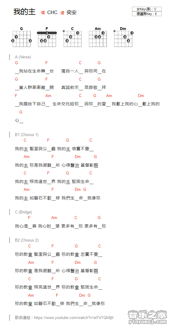 C调版 CHC《我的主》吉他和弦弹唱谱