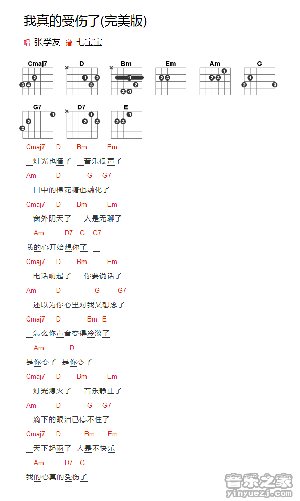 张学友《我真的受伤了》吉他和弦弹唱谱