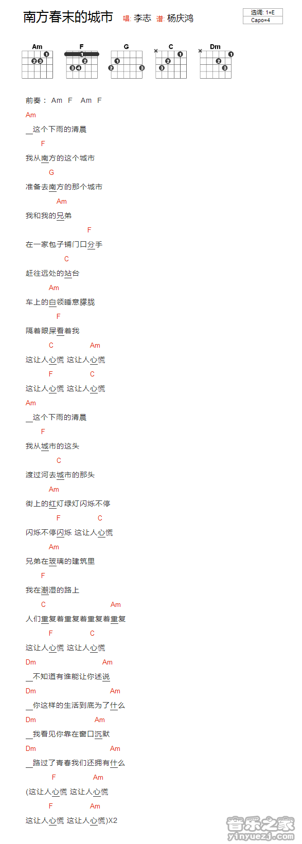 E调版 李志《南方春末的城市》吉他和弦弹唱谱