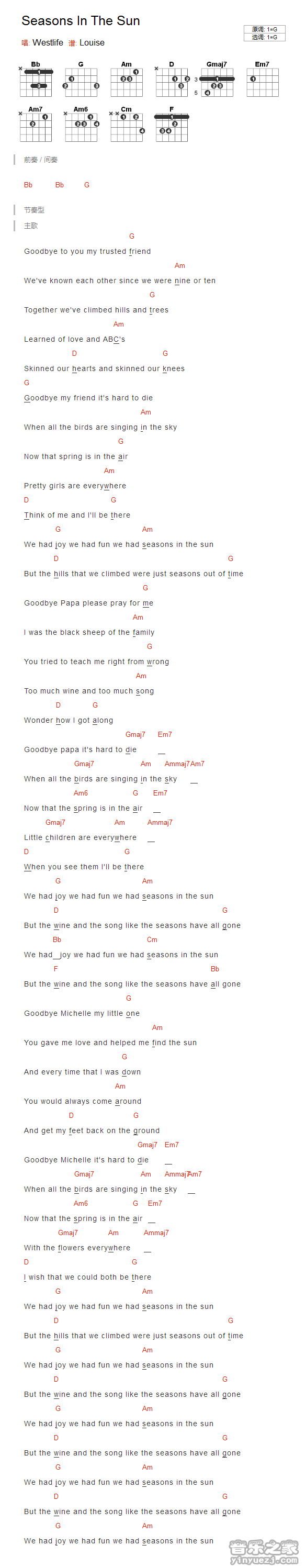 G调版 Westlife《Seasons In The Son》吉他和弦弹唱谱