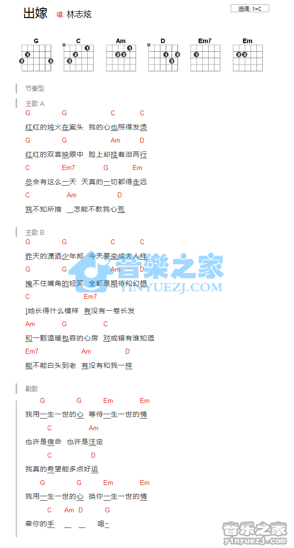 C调版 林志炫《出嫁》吉他和弦弹唱谱