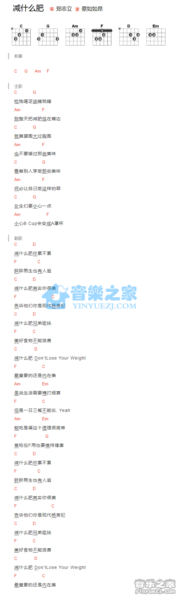 郑志立《减什么肥》吉他和弦弹唱谱