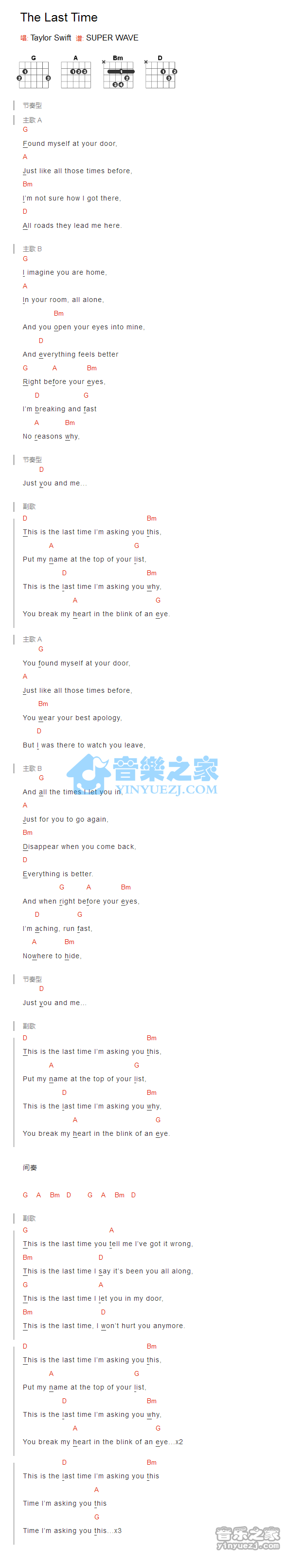 Taylor Swift《The Last Time》吉他和弦弹唱谱