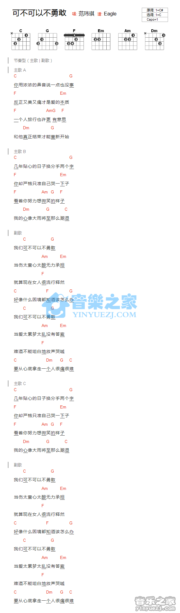 C调版 范玮琪《可不可以不勇敢》吉他和弦弹唱谱