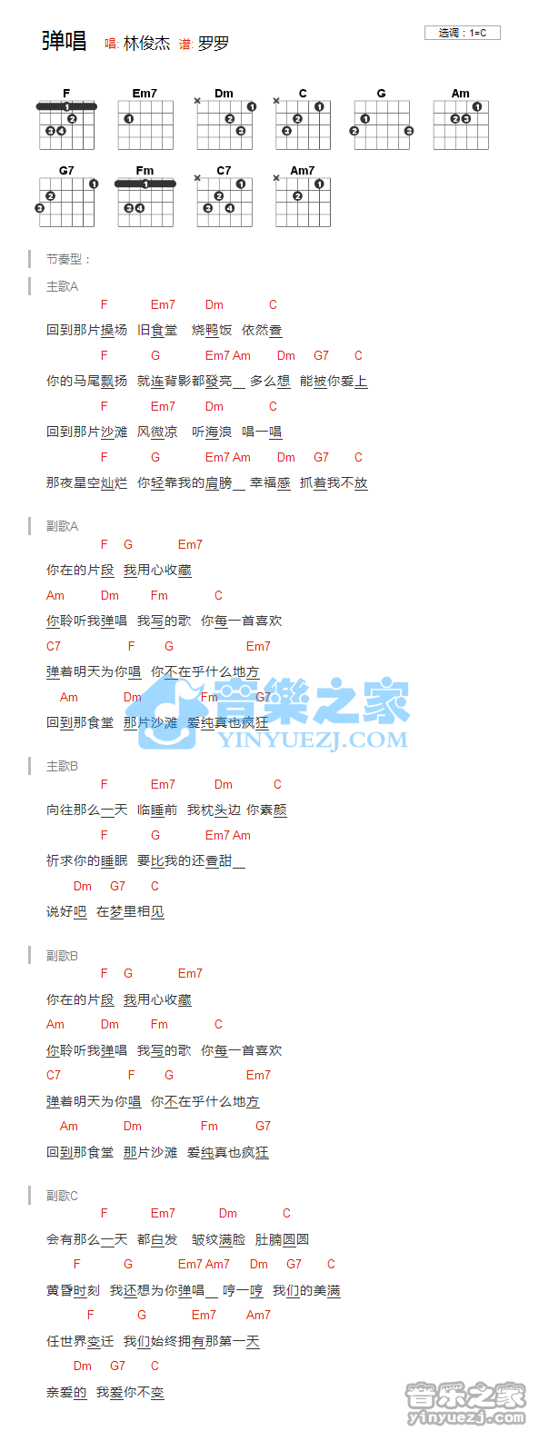 C调版 林俊杰《弹唱》吉他和弦弹唱谱