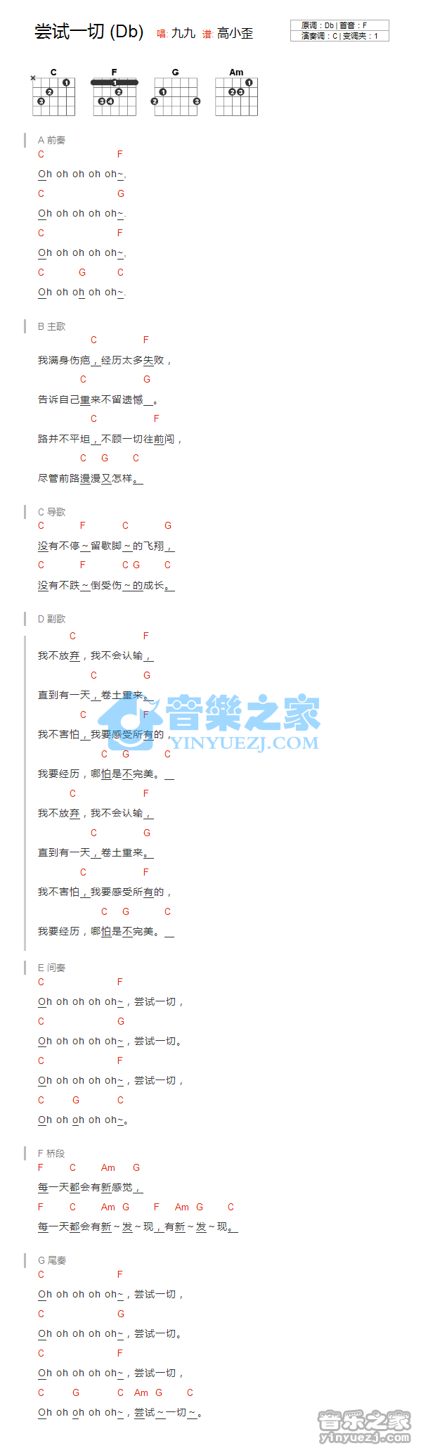 C调版 九九《尝试一切》吉他和弦弹唱谱