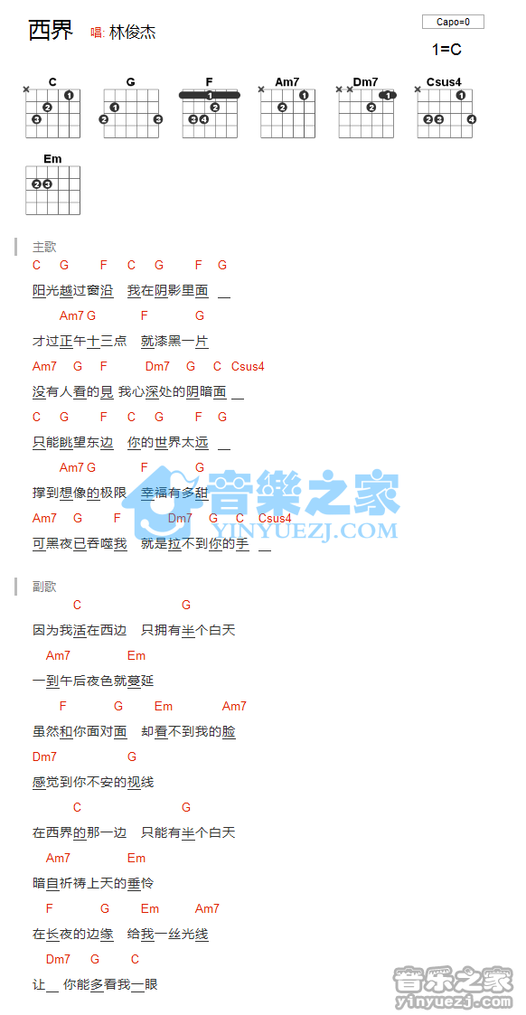 林俊杰《西界》吉他和弦弹唱谱