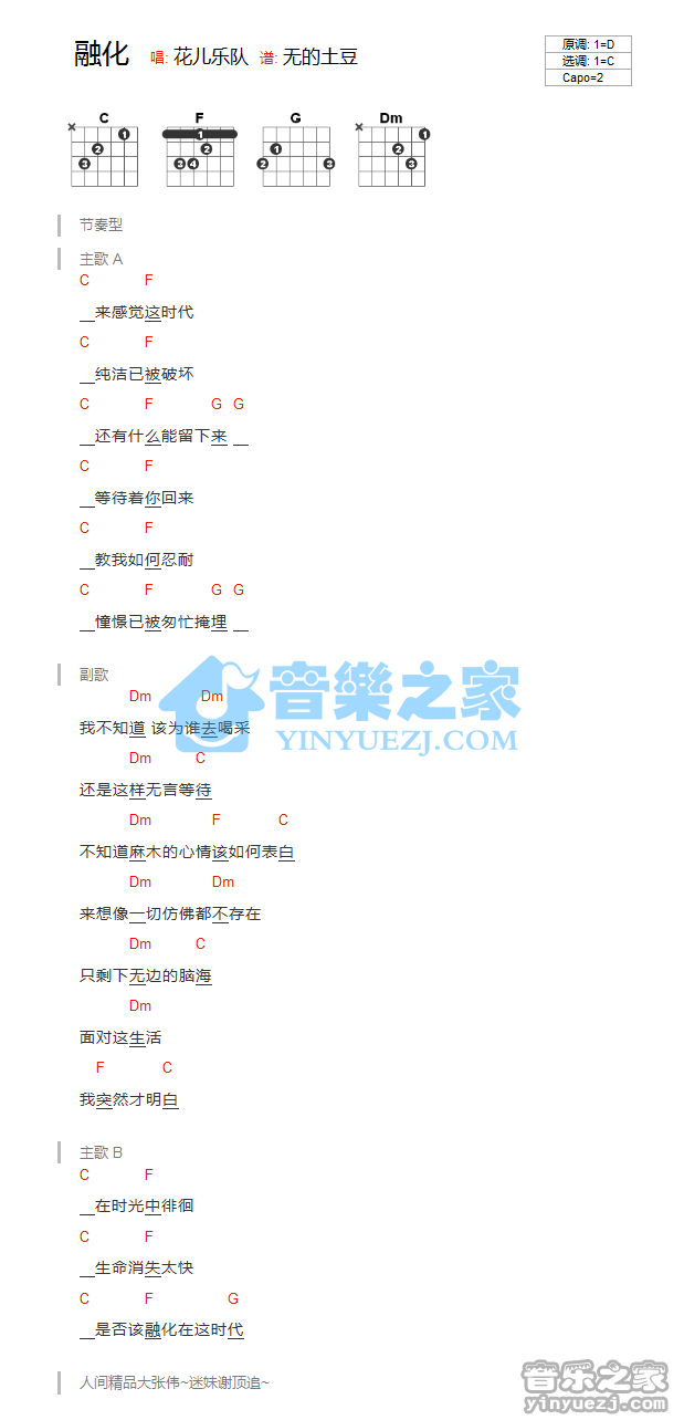 C调版 花儿乐队《融化》吉他和弦弹唱谱