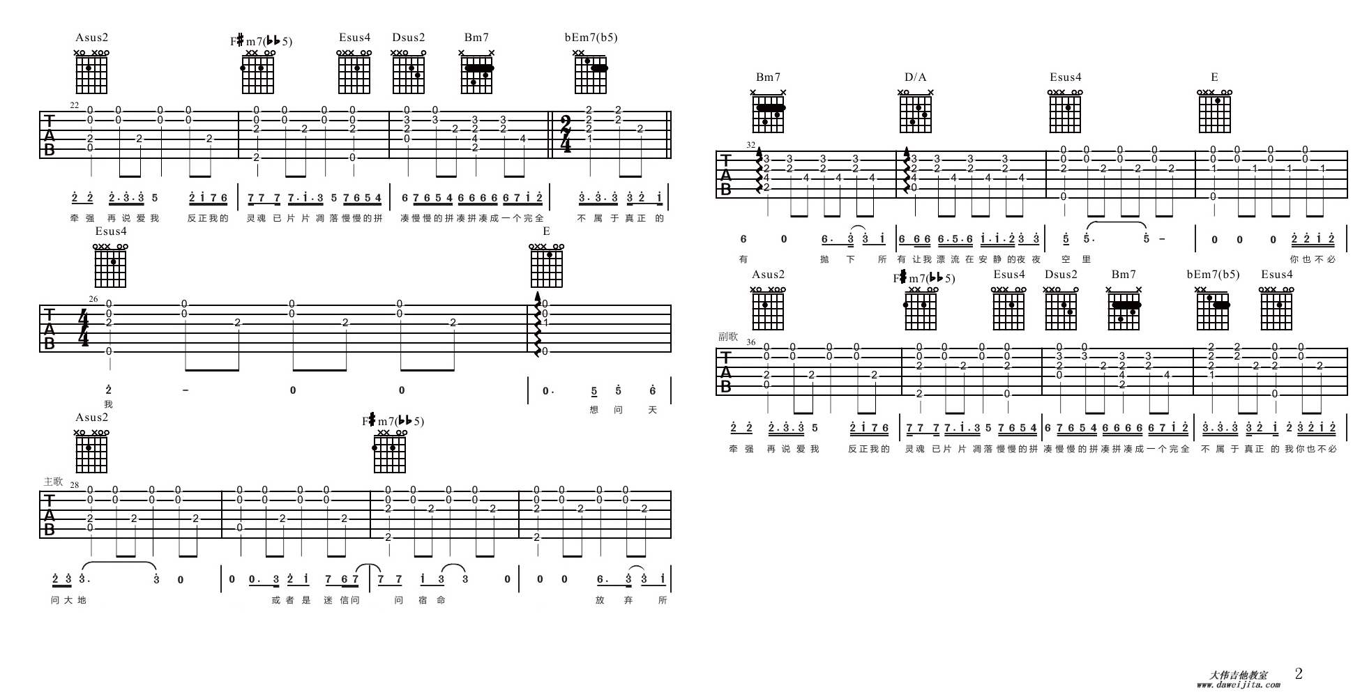 2大伟bB调版 齐秦《夜夜夜夜》吉他弹唱六线谱