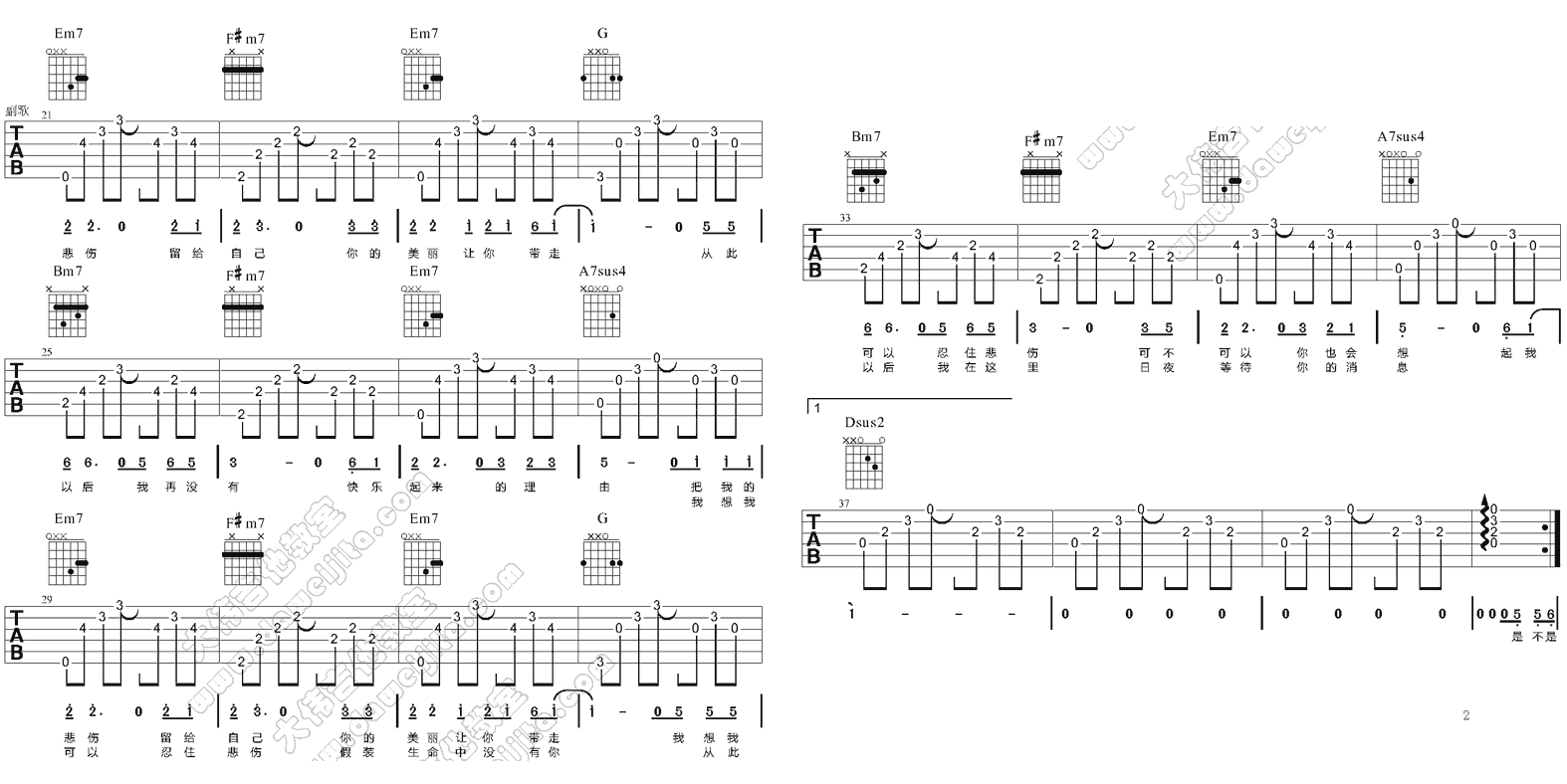 2大伟D调版 陈升《把悲伤留给自己》吉他弹唱六线谱