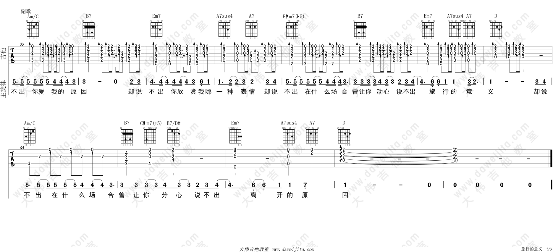 3大伟女生D调版 陈绮贞《旅行的意义》吉他弹唱六线谱