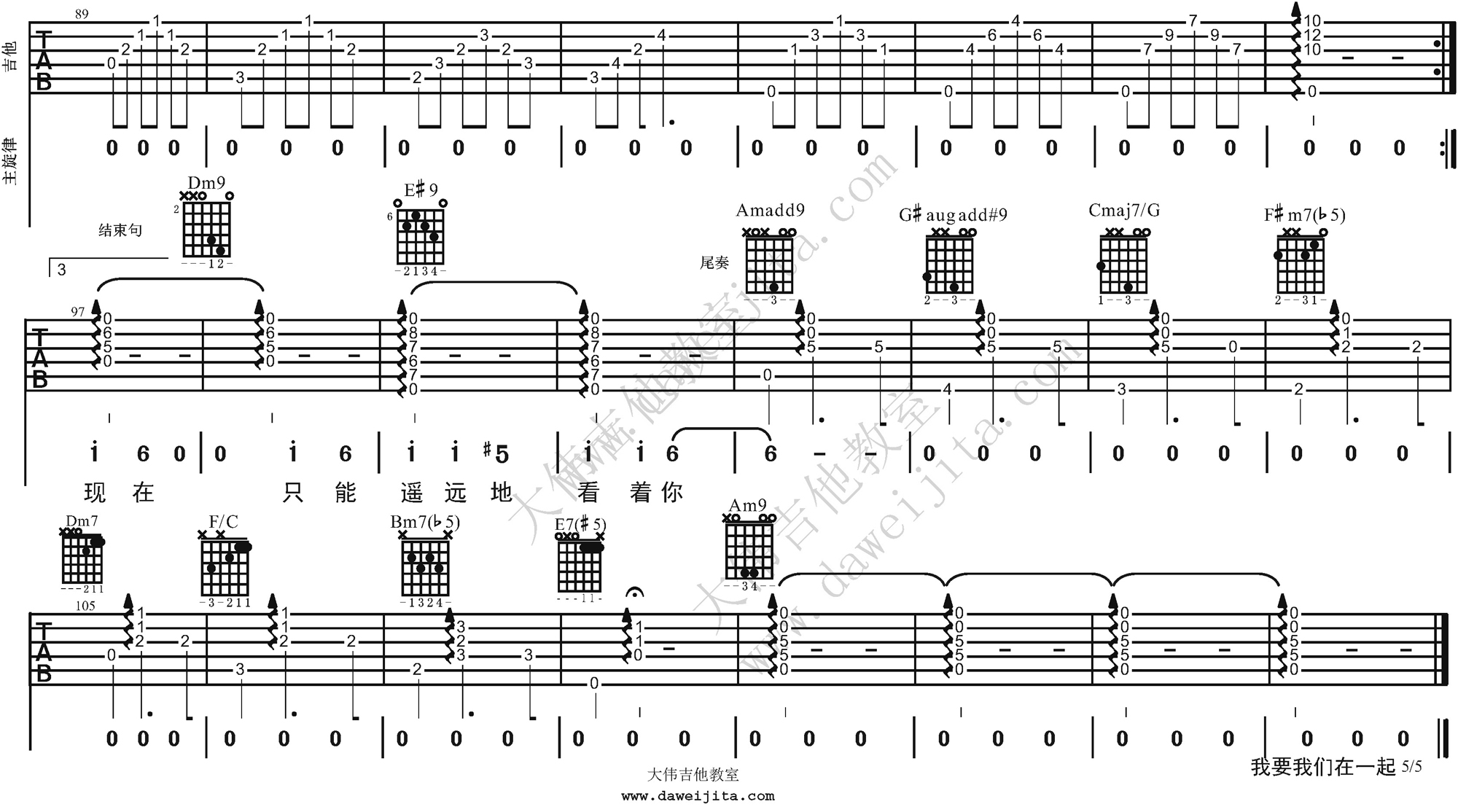 5大伟C调版 邓紫棋《我要我们在一起》吉他弹唱六线谱